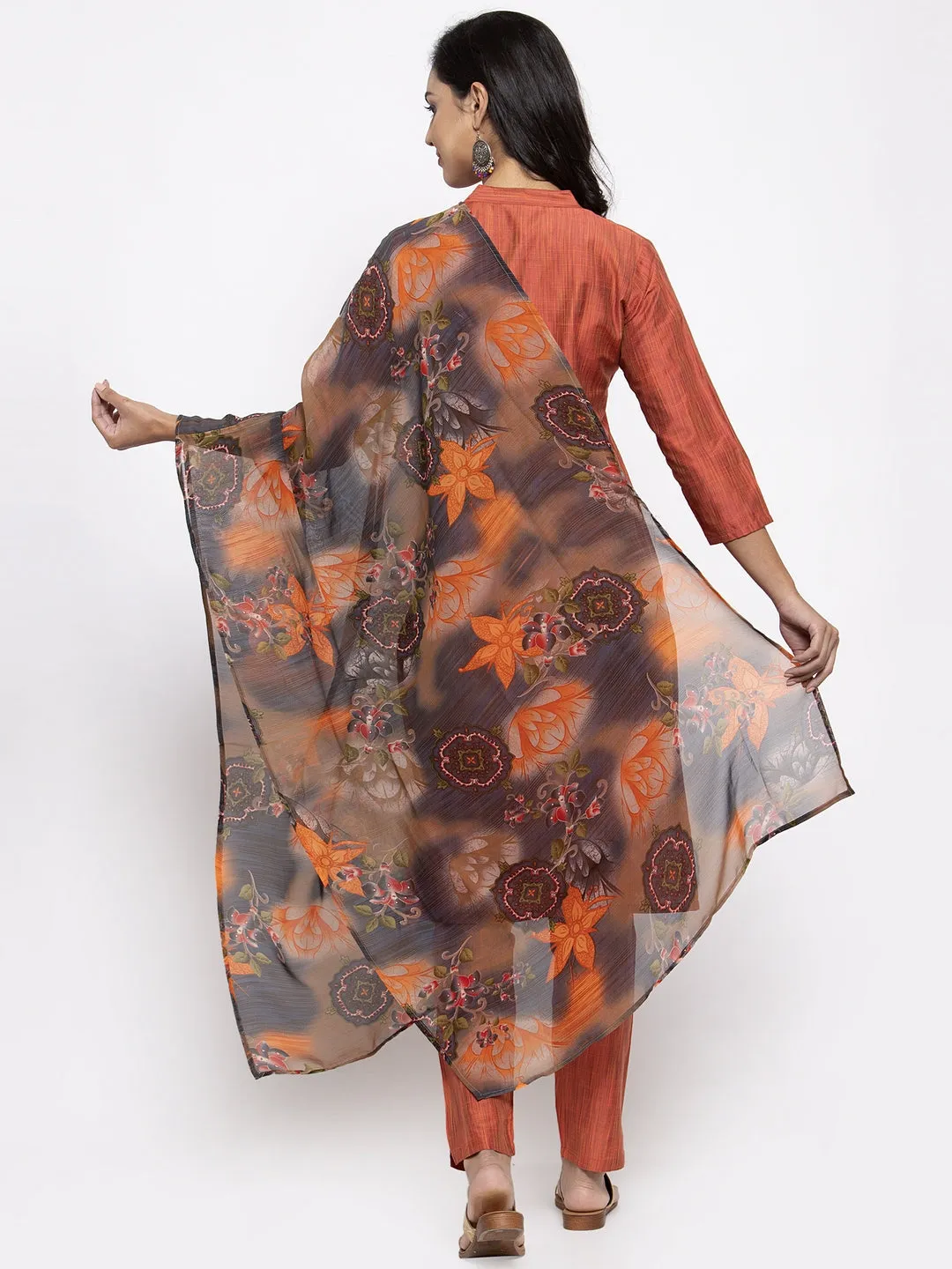 Jashvi Women Orange Self-Striped Kurta with Trousers & Georgette Dupatta