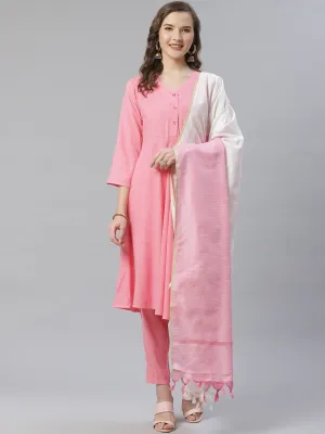 Jashvi Women Pink & White Self Design Kurta with Trousers & Dupatta