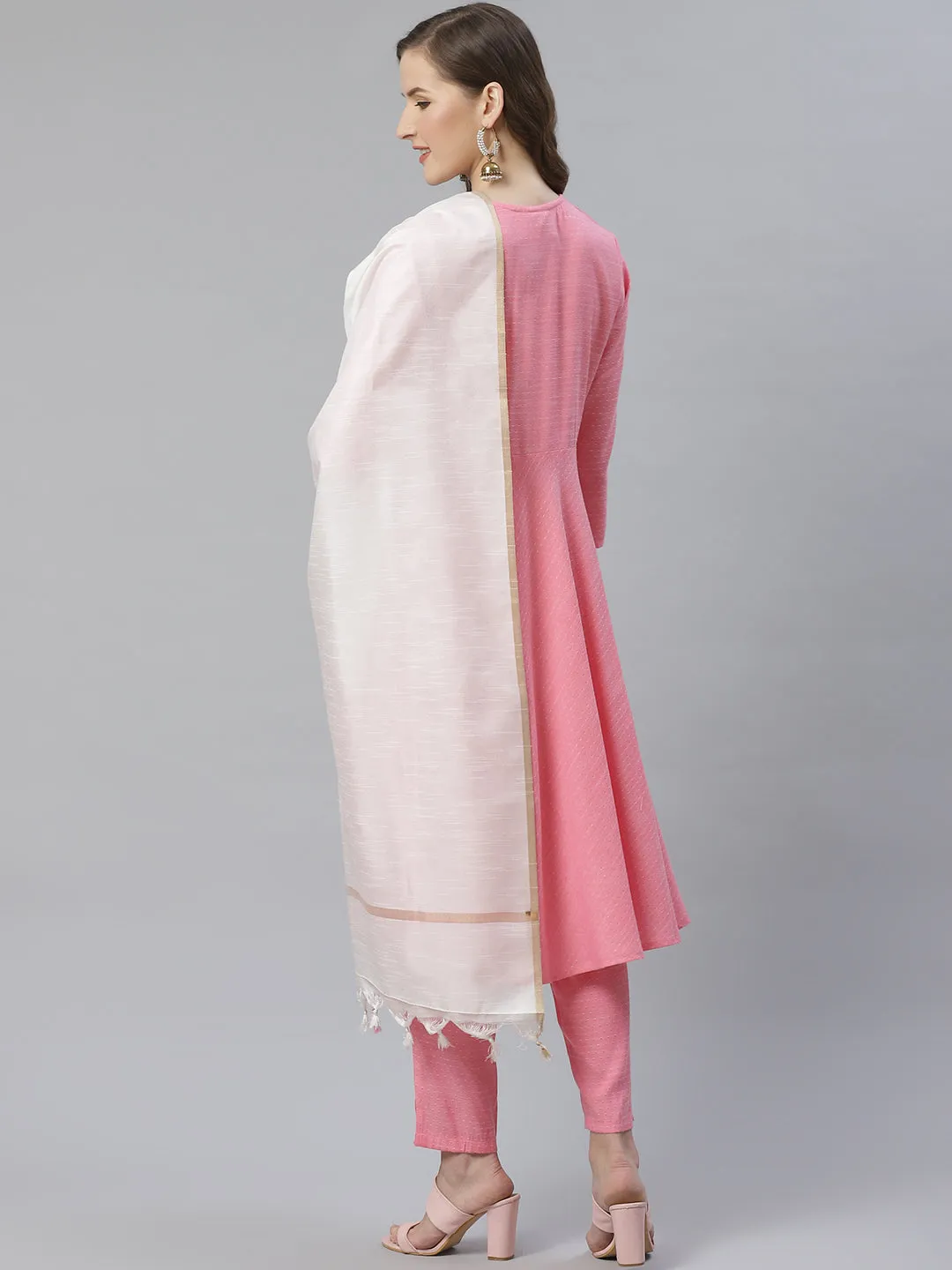 Jashvi Women Pink & White Self Design Kurta with Trousers & Dupatta