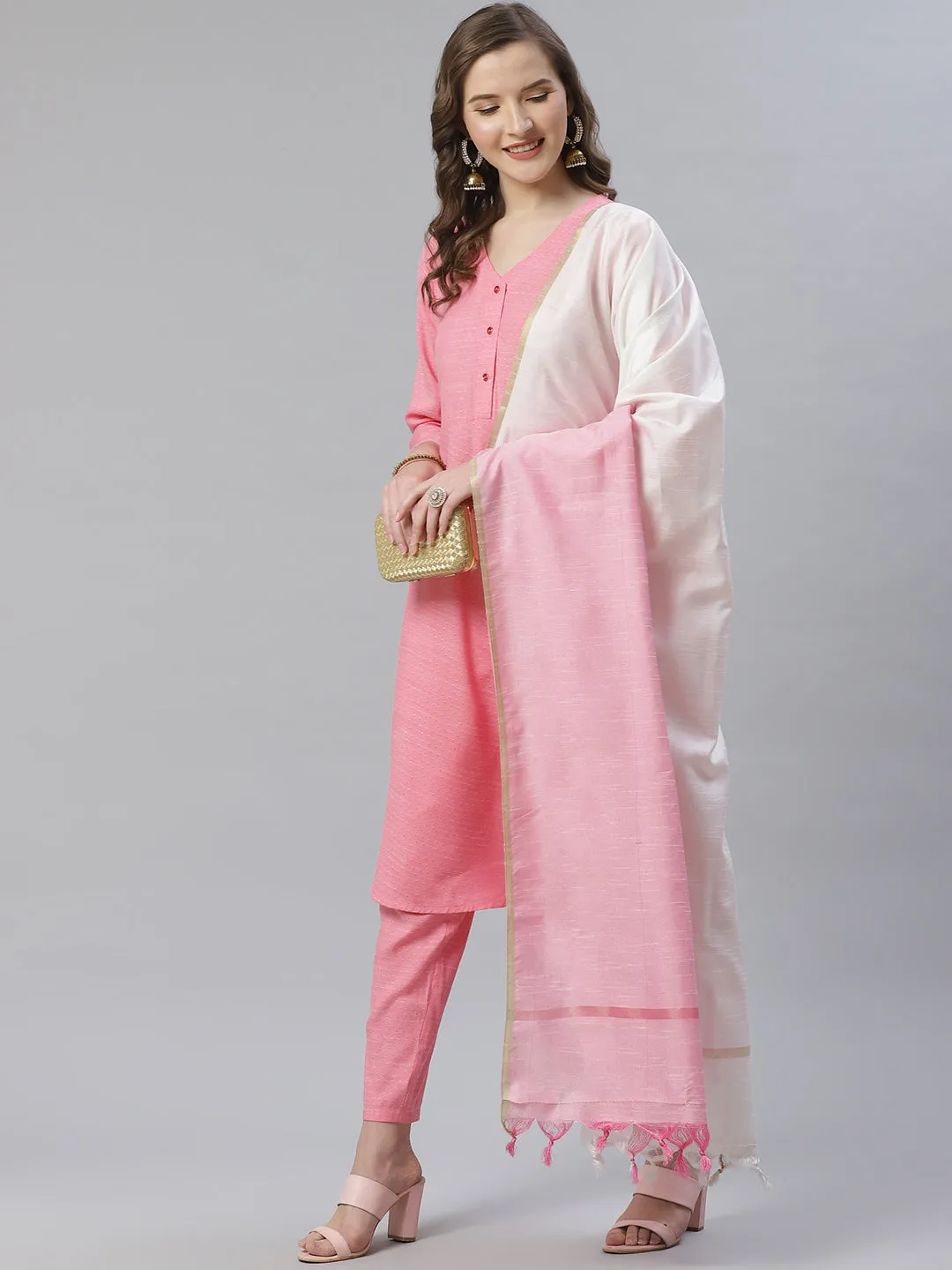 Jashvi Women Pink & White Self Design Kurta with Trousers & Dupatta