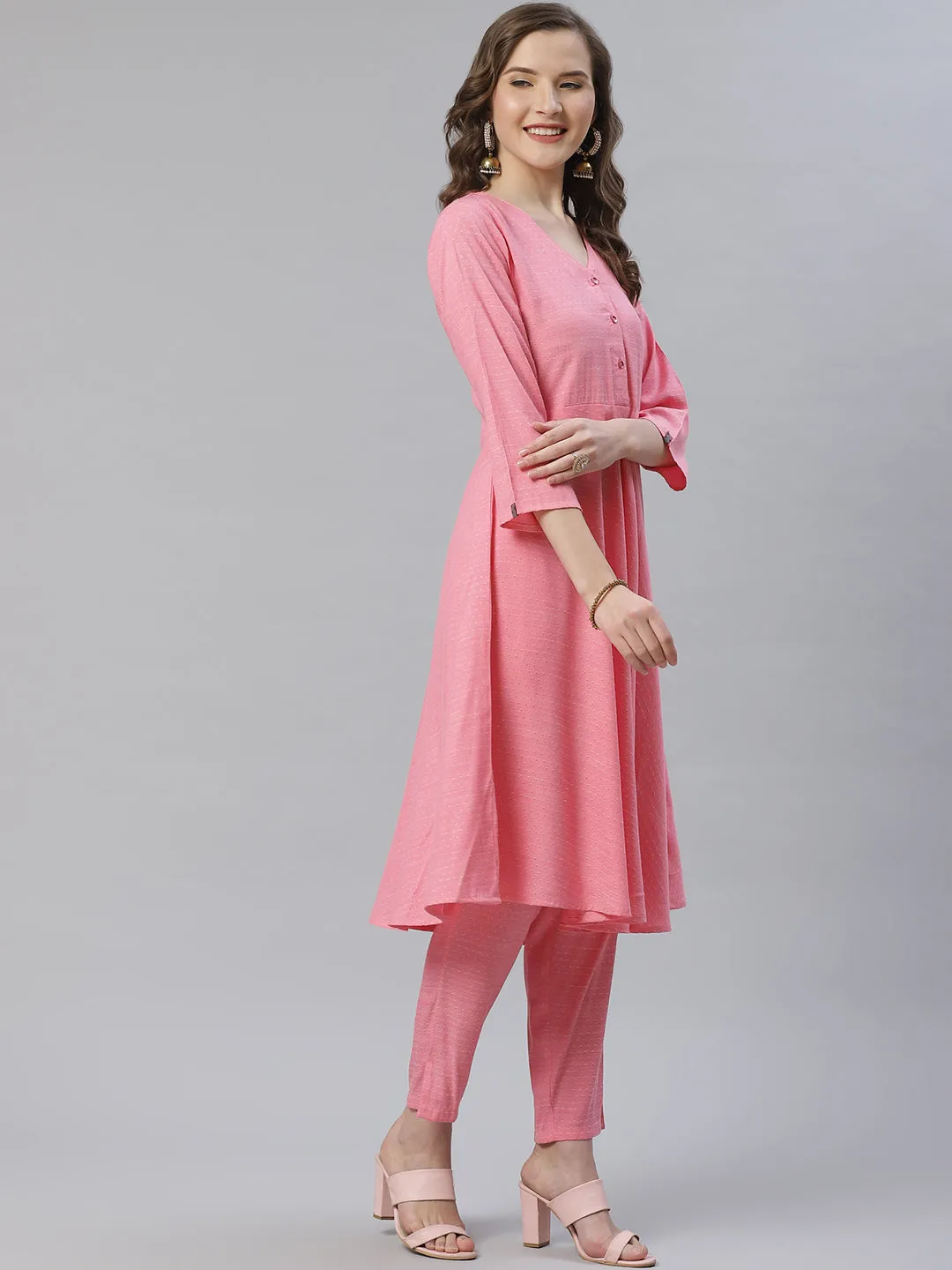 Jashvi Women Pink & White Self Design Kurta with Trousers & Dupatta