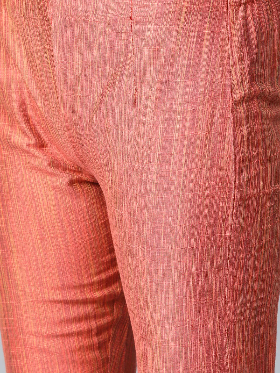 Jashvi Women Rust Orange & Beige Self-Striped Kurta with Trousers & Dupatta
