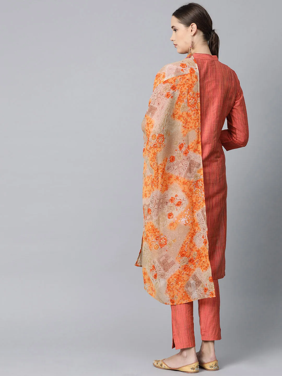 Jashvi Women Rust Orange & Beige Self-Striped Kurta with Trousers & Dupatta