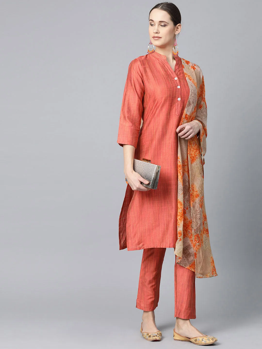 Jashvi Women Rust Orange & Beige Self-Striped Kurta with Trousers & Dupatta