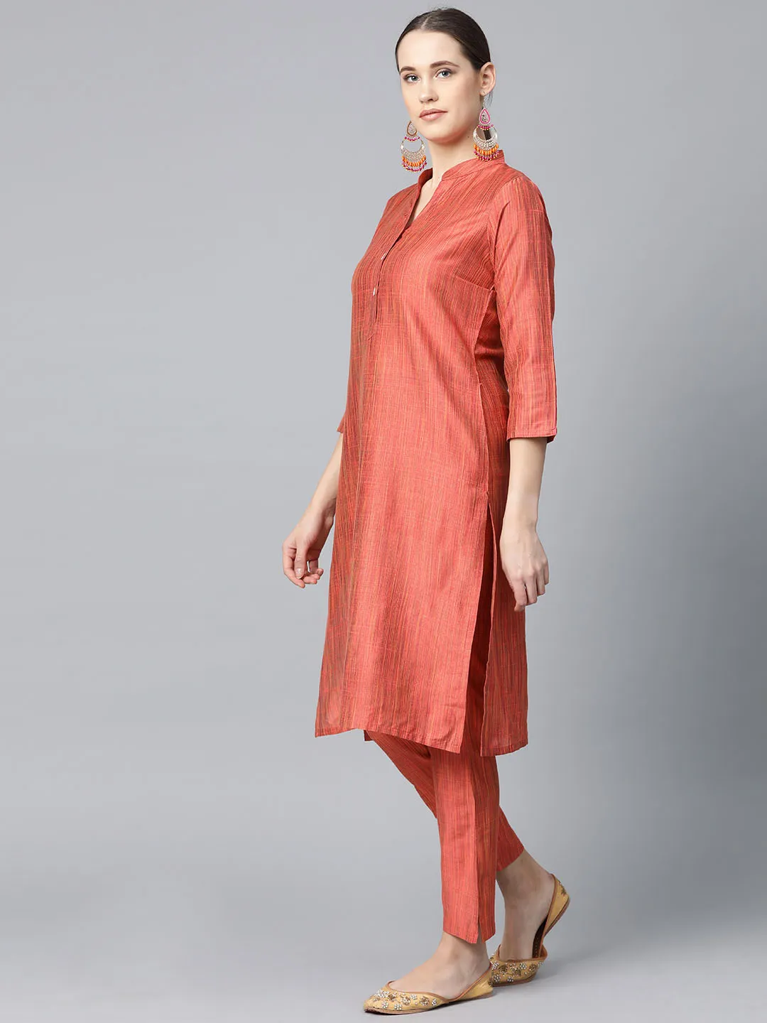 Jashvi Women Rust Orange & Beige Self-Striped Kurta with Trousers & Dupatta