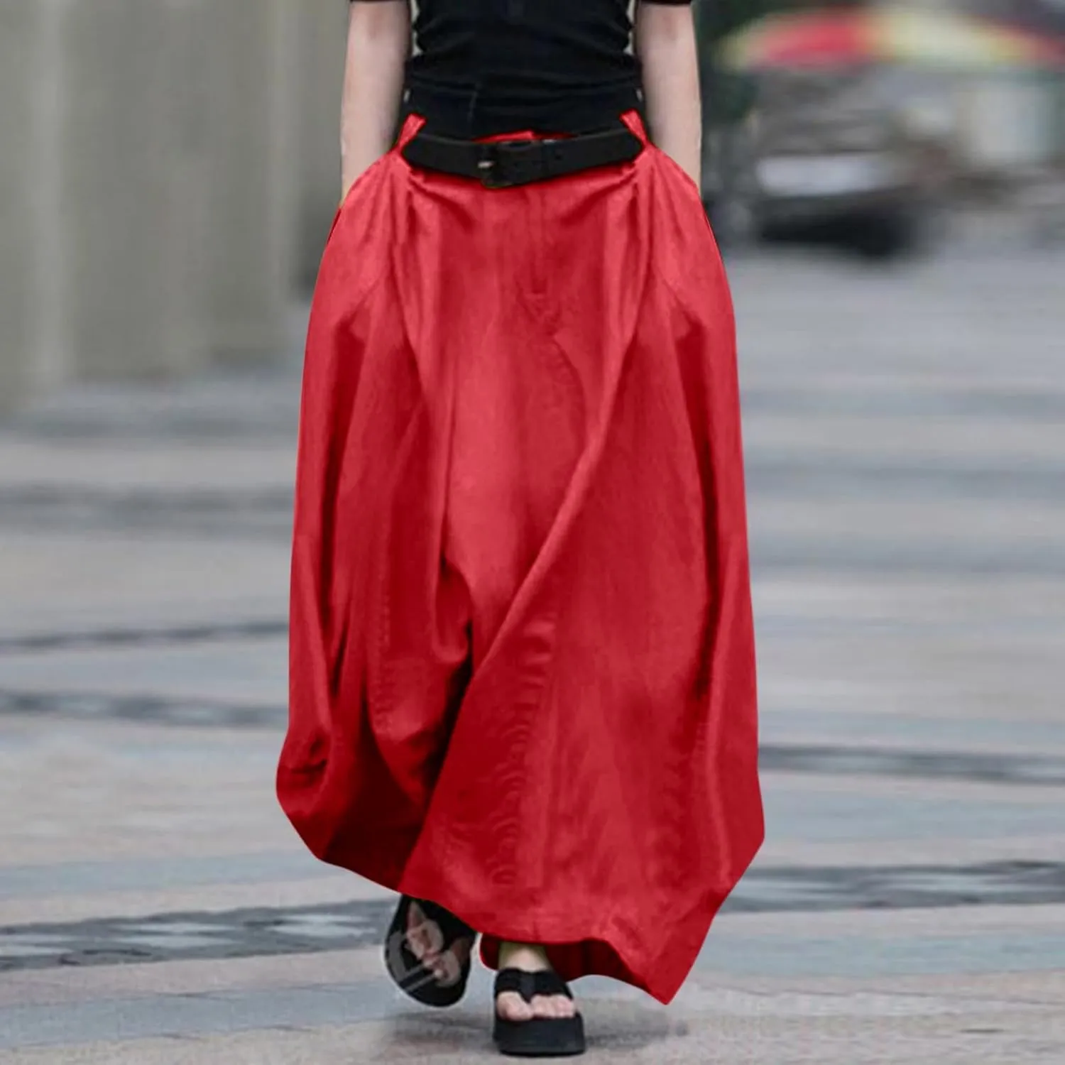 JOAU Women's Flowy Elastic High Waist A-Line Maxi Skirt - Summer Casual Lightweight Swing Long Skirts with Pockets