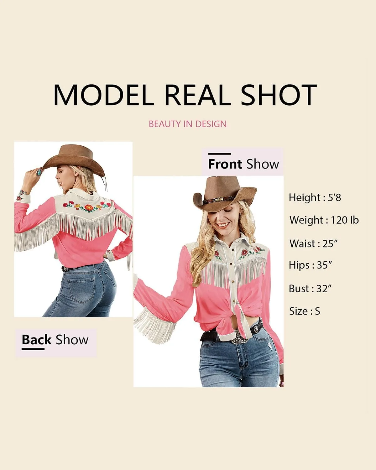 JOHN MOON Womens Fringe Western Long Sleeve Shirts Floral Embroidered Cowgirl Button Down Shacket Blouse Country Rodeo Outfit