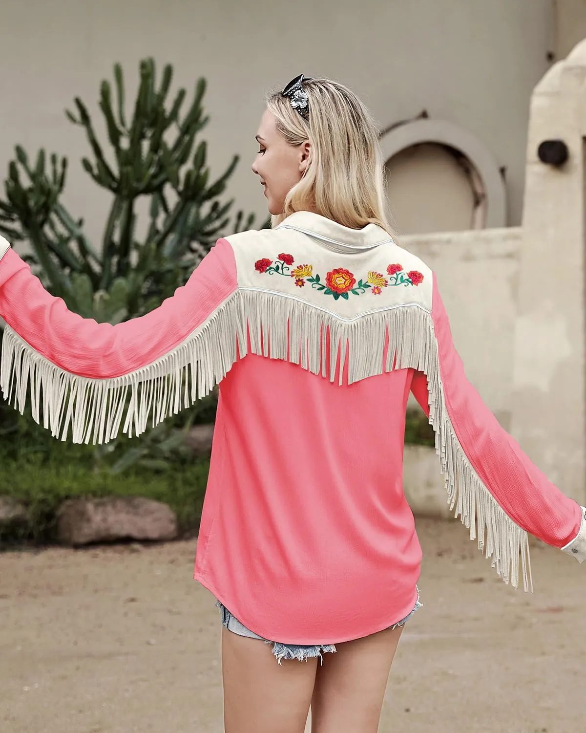 JOHN MOON Womens Fringe Western Long Sleeve Shirts Floral Embroidered Cowgirl Button Down Shacket Blouse Country Rodeo Outfit