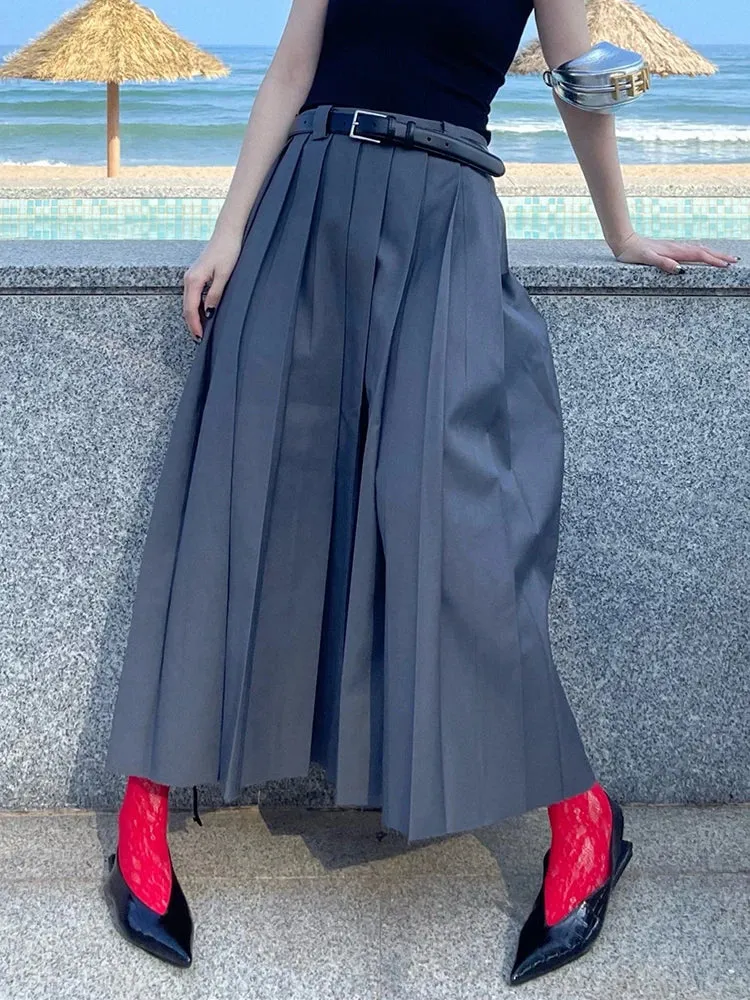 Korean Fashion Midi Skirt For Women High Waist A Line Ruched Solid Minimalist Long Skirts Female Summer Clothes