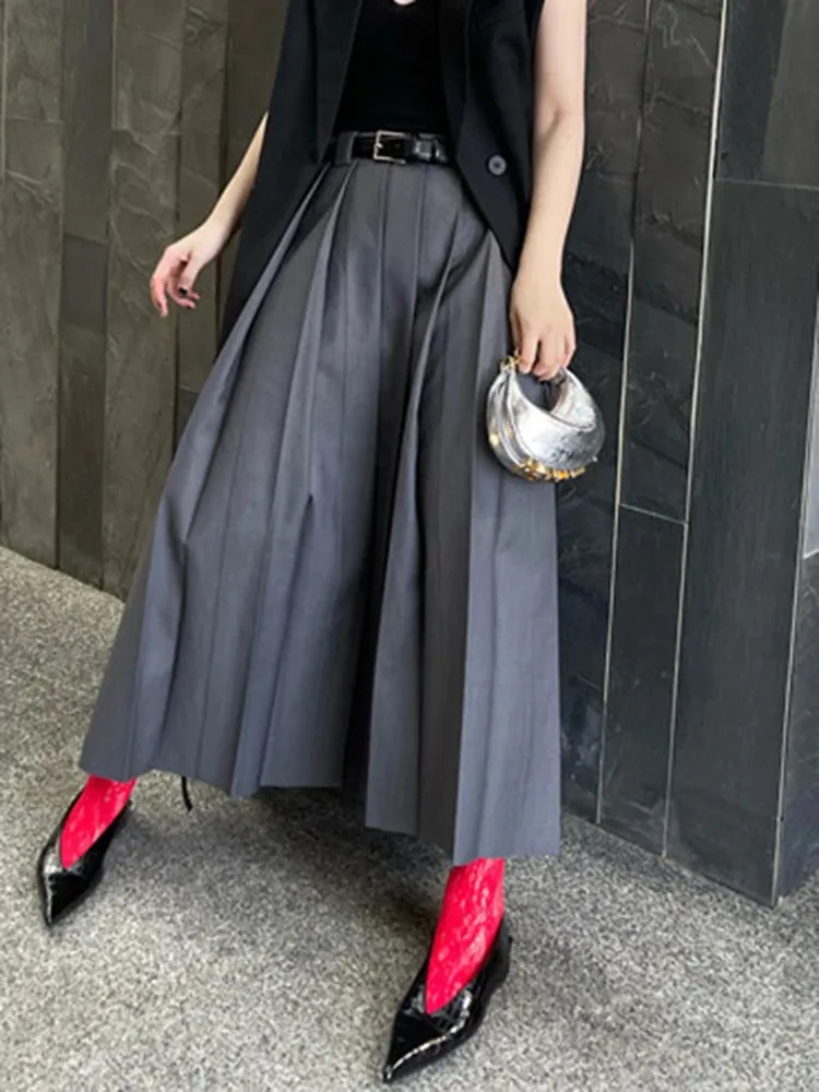Korean Fashion Midi Skirt For Women High Waist A Line Ruched Solid Minimalist Long Skirts Female Summer Clothes