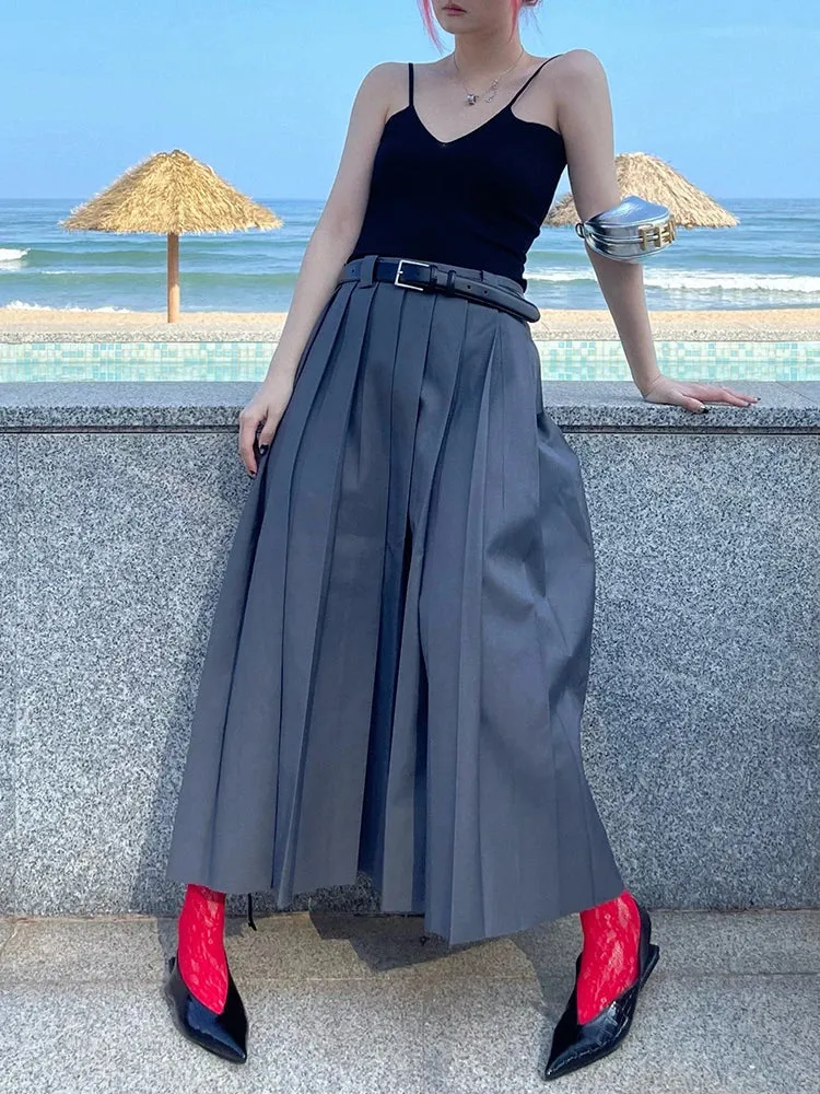 Korean Fashion Midi Skirt For Women High Waist A Line Ruched Solid Minimalist Long Skirts Female Summer Clothes