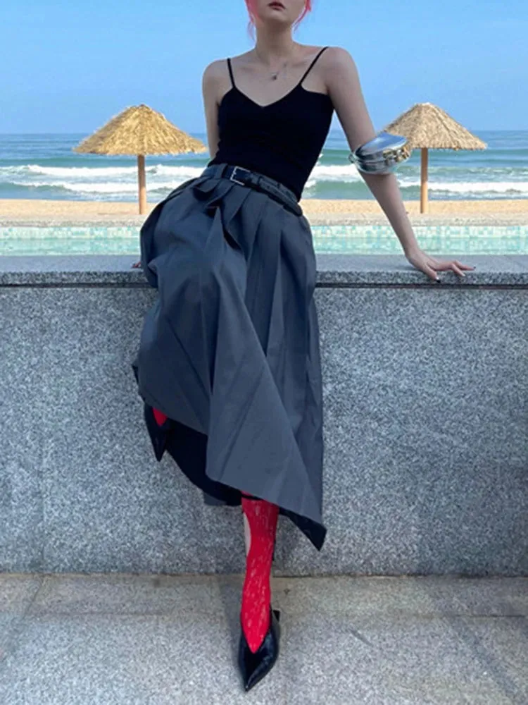 Korean Fashion Midi Skirt For Women High Waist A Line Ruched Solid Minimalist Long Skirts Female Summer Clothes