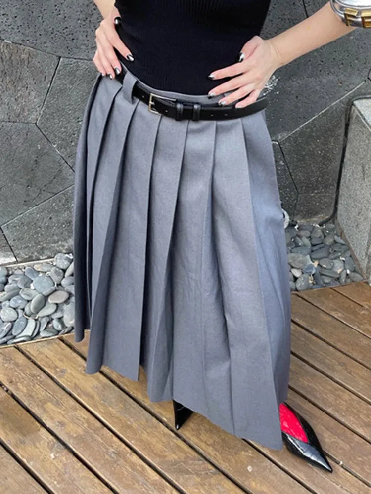 Korean Fashion Midi Skirt For Women High Waist A Line Ruched Solid Minimalist Long Skirts Female Summer Clothes