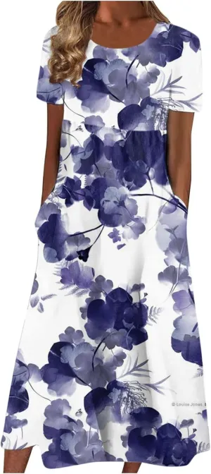 Ladies Dress Pleated Basic Round Neck 2024 Short-Sleeve Midi Loose Daily Women's Dresses Classic with Pocket