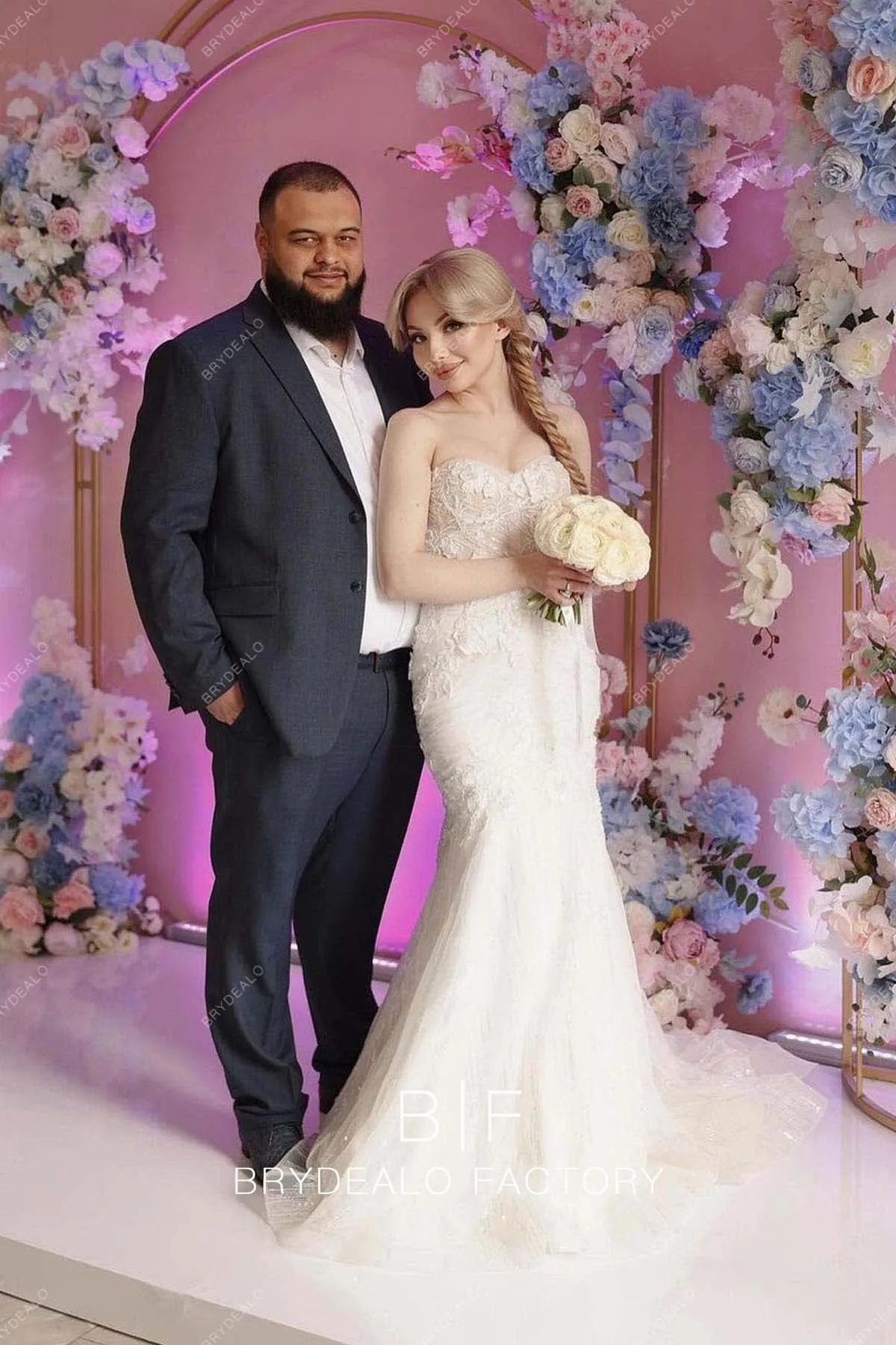 Light Champagne Strapless Designer Lace Mermaid Fairy Wedding Dress