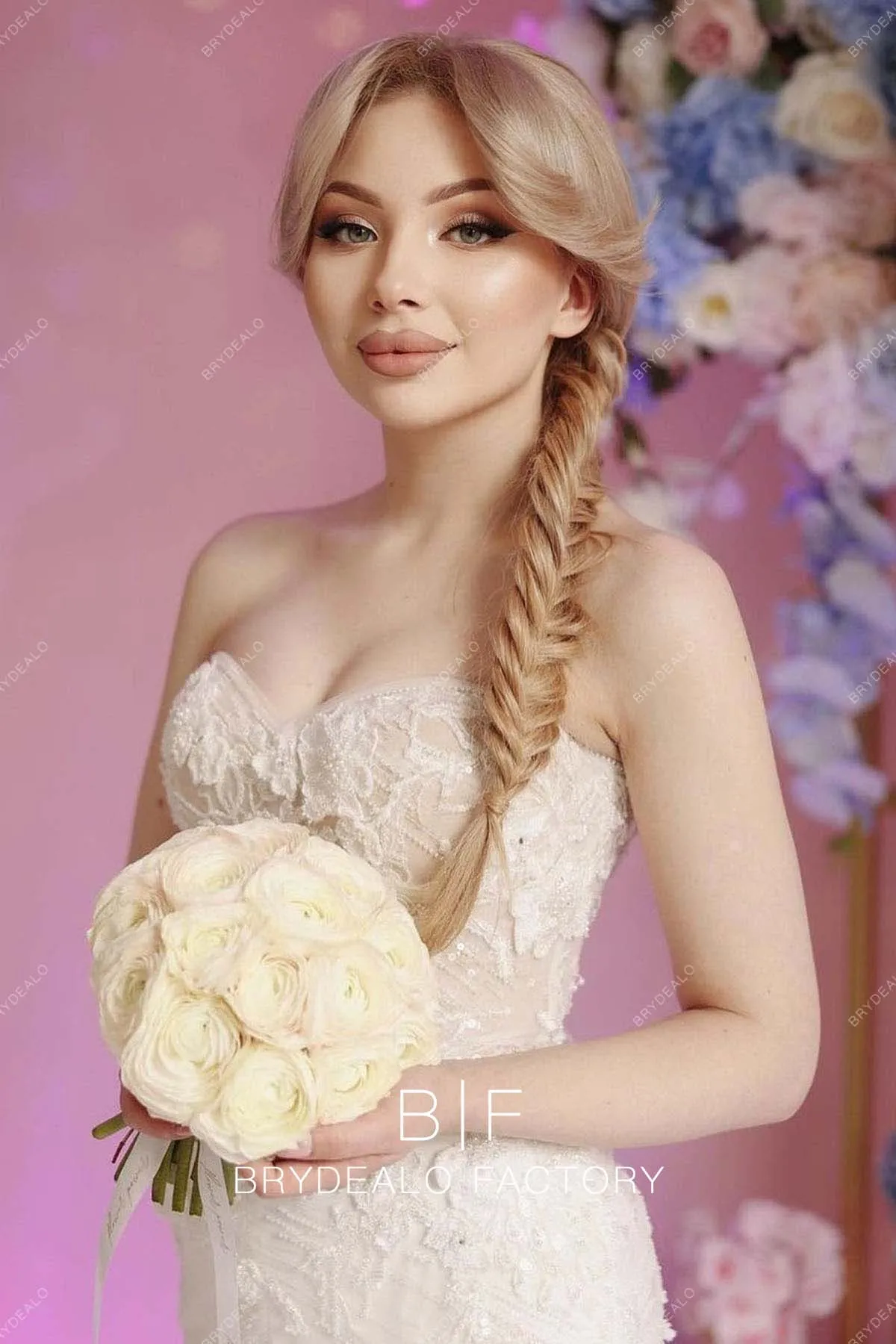 Light Champagne Strapless Designer Lace Mermaid Fairy Wedding Dress