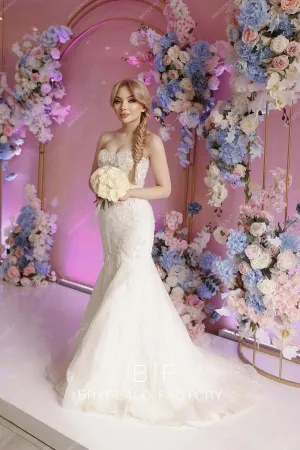 Light Champagne Strapless Designer Lace Mermaid Fairy Wedding Dress