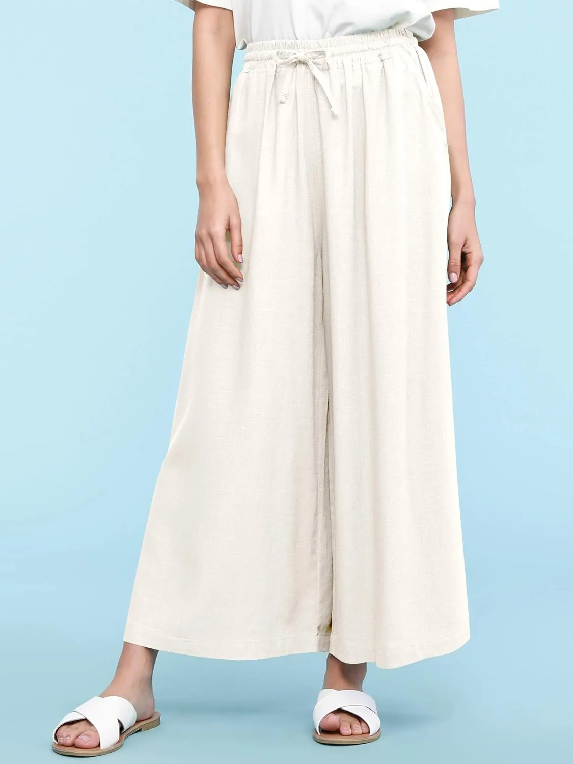 Lock and Love Women's Washed Linen Casual Loose Wide Leg Pants Pocket Pant with Draw String