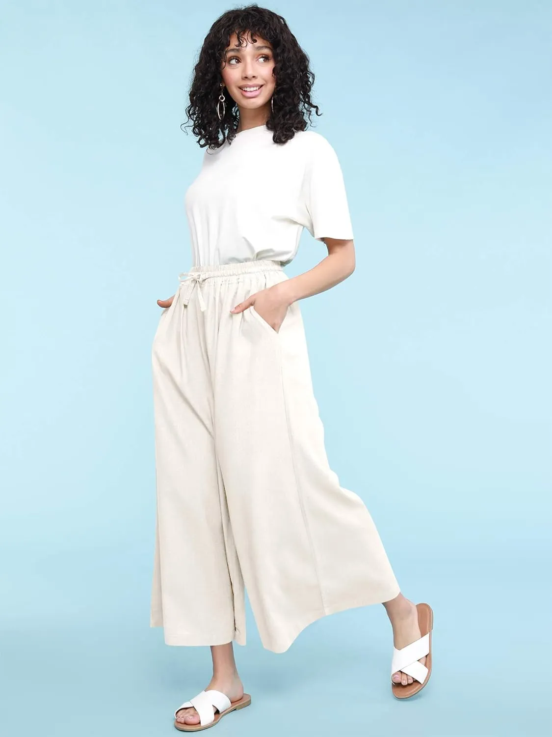 Lock and Love Women's Washed Linen Casual Loose Wide Leg Pants Pocket Pant with Draw String