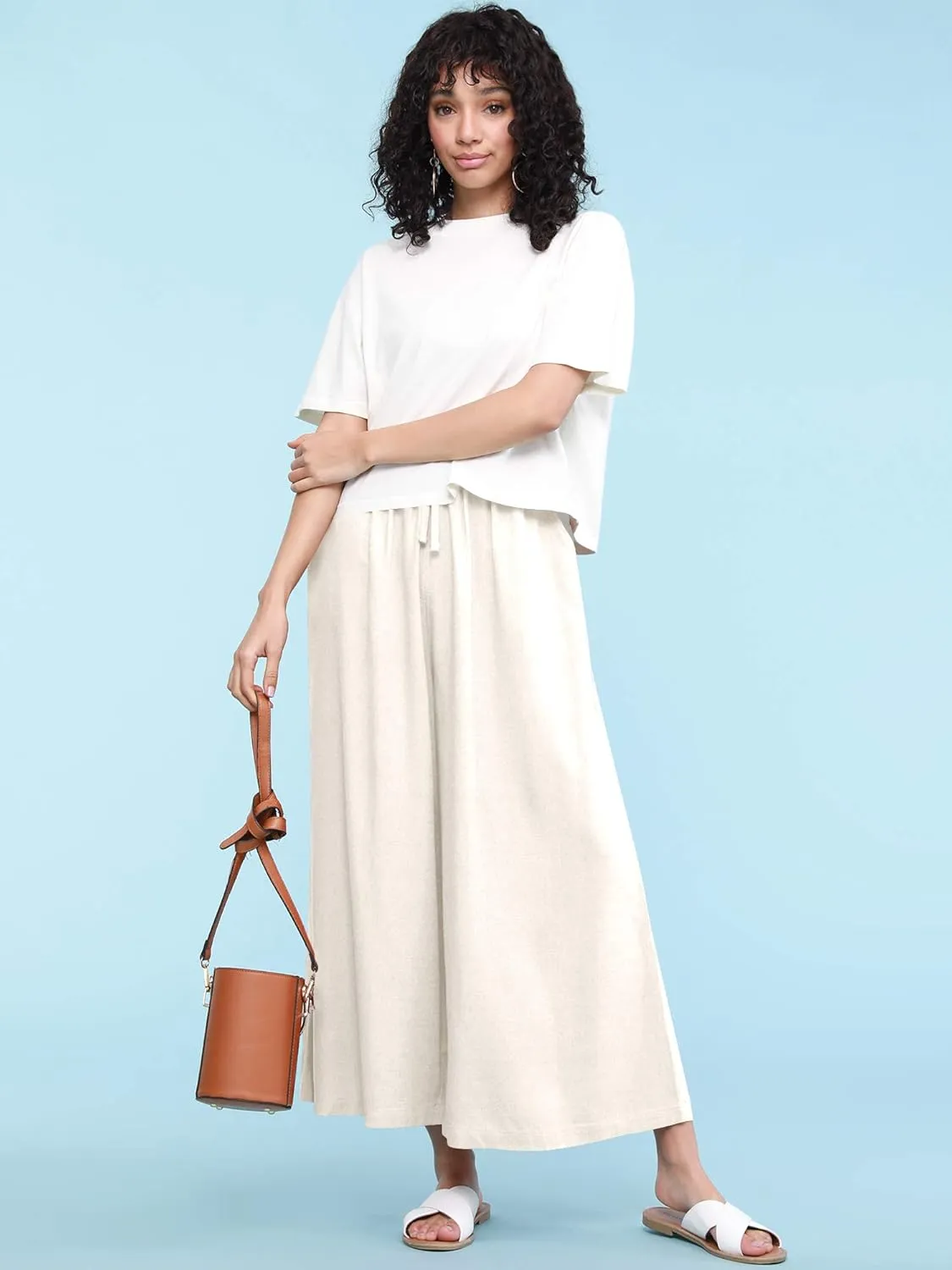 Lock and Love Women's Washed Linen Casual Loose Wide Leg Pants Pocket Pant with Draw String