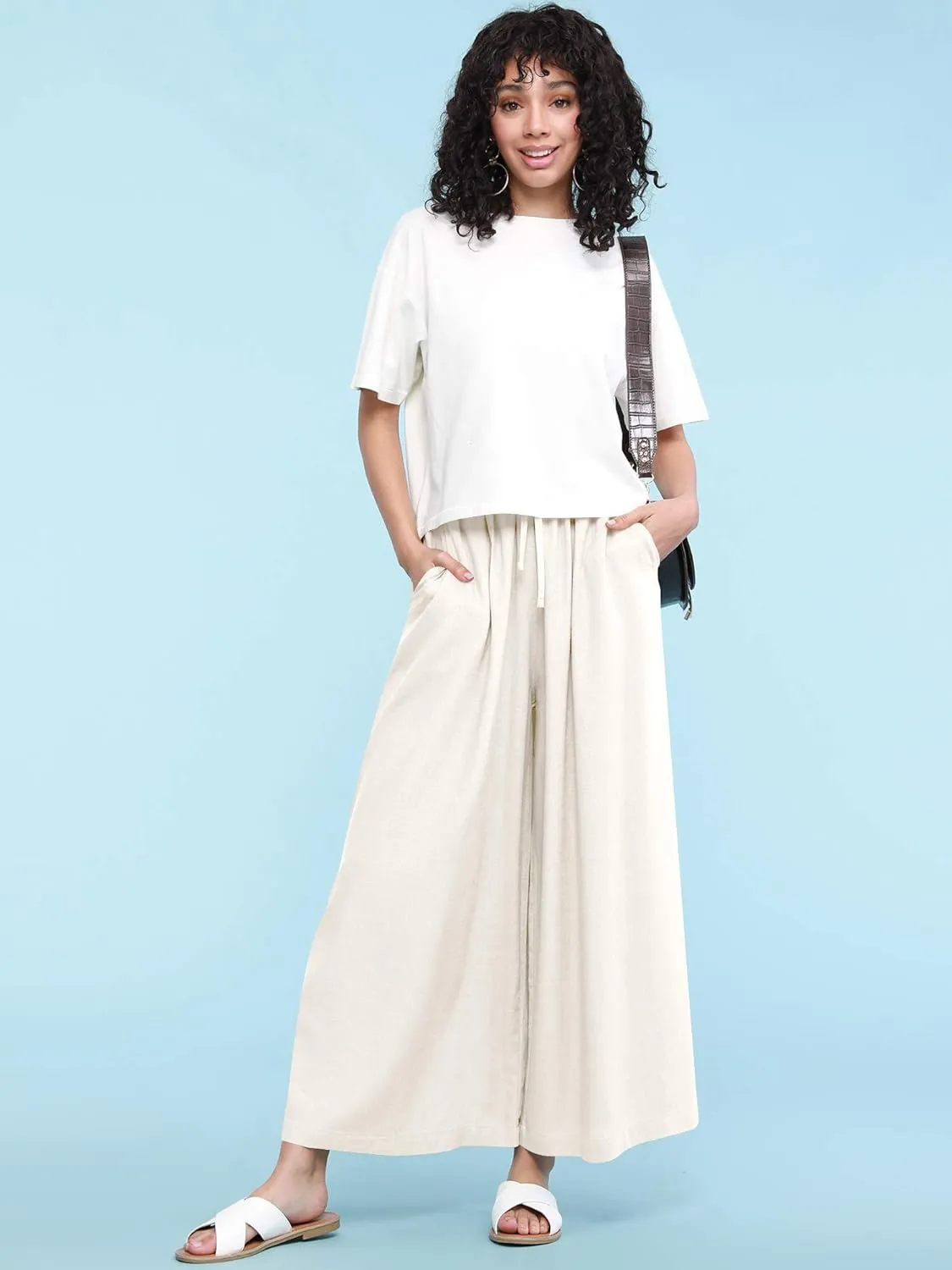 Lock and Love Women's Washed Linen Casual Loose Wide Leg Pants Pocket Pant with Draw String