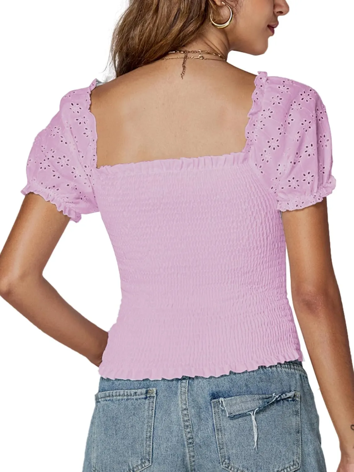 LYANER Women's Square Neck Shirred Eyelet Embroidered Puff Short Sleeve Ruffle Trim Blouse Crop Top