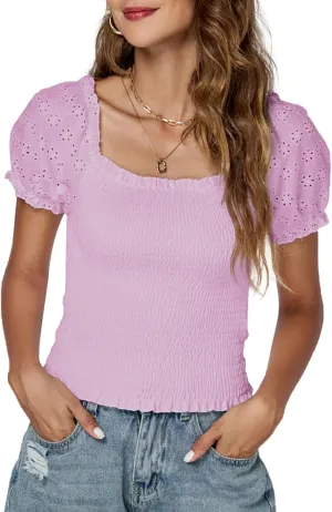 LYANER Women's Square Neck Shirred Eyelet Embroidered Puff Short Sleeve Ruffle Trim Blouse Crop Top