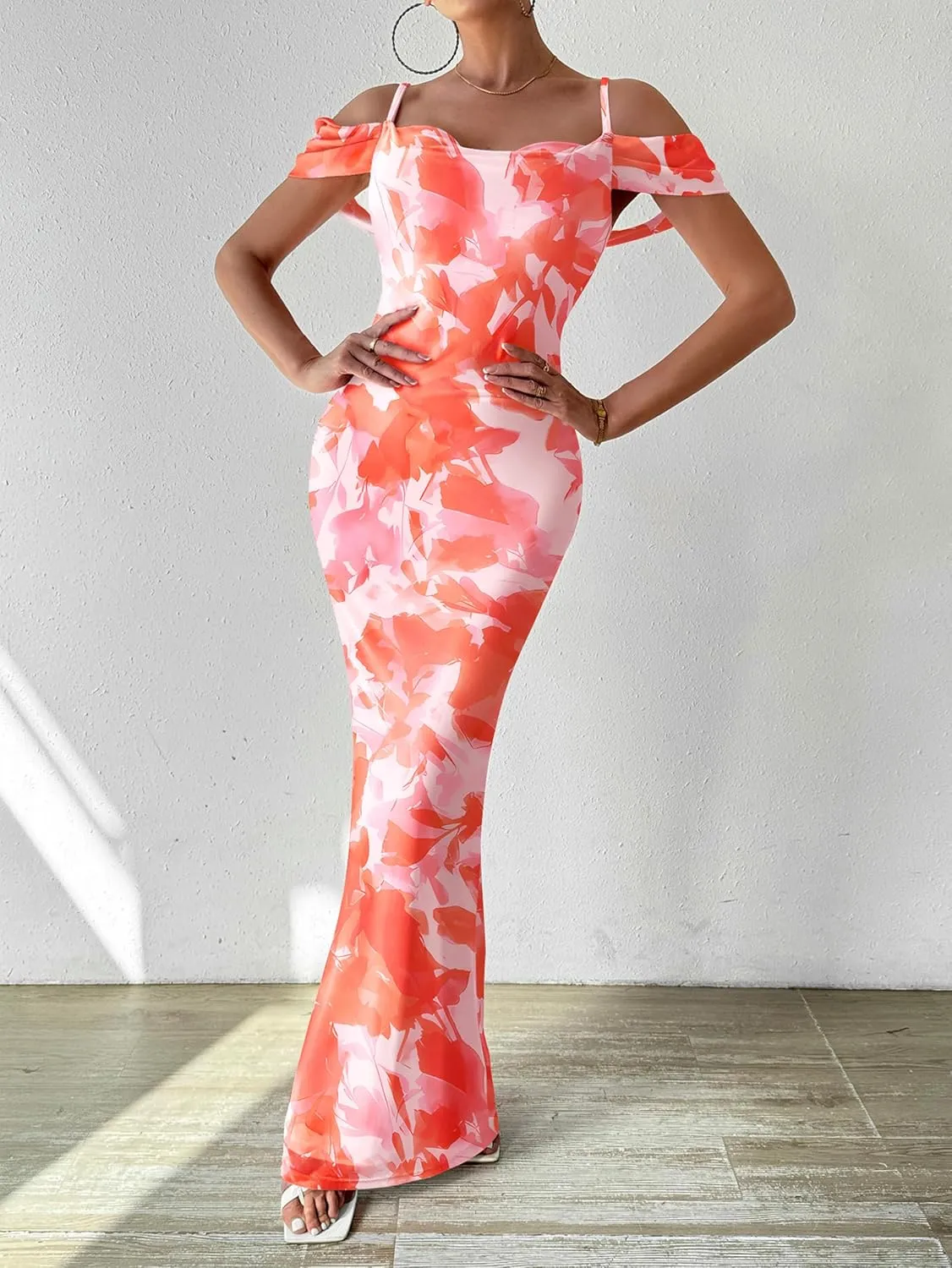 MASCOMODA Spaghetti Strap Long Maxi Dresses for Women 2025 Summer Floral Sexy Bodycon Backless Formal Wedding Guest Dress