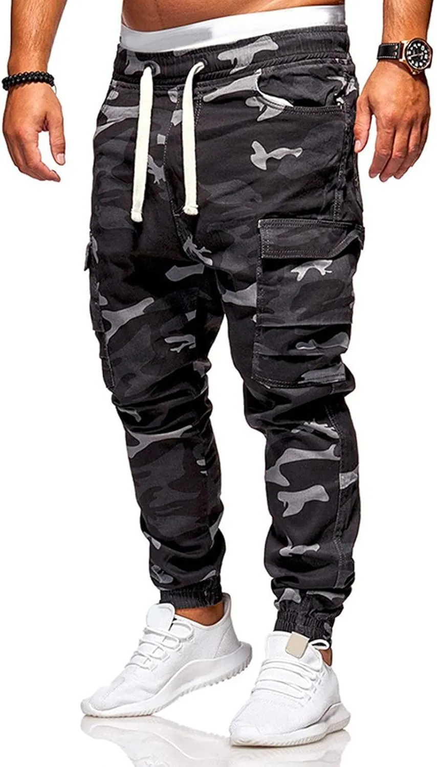Mens Camo Sweatpants Closed Bottom Relaxed Fit Lightweight Joggers Elastic Waist Drawstring Cargo Pants with Pockets