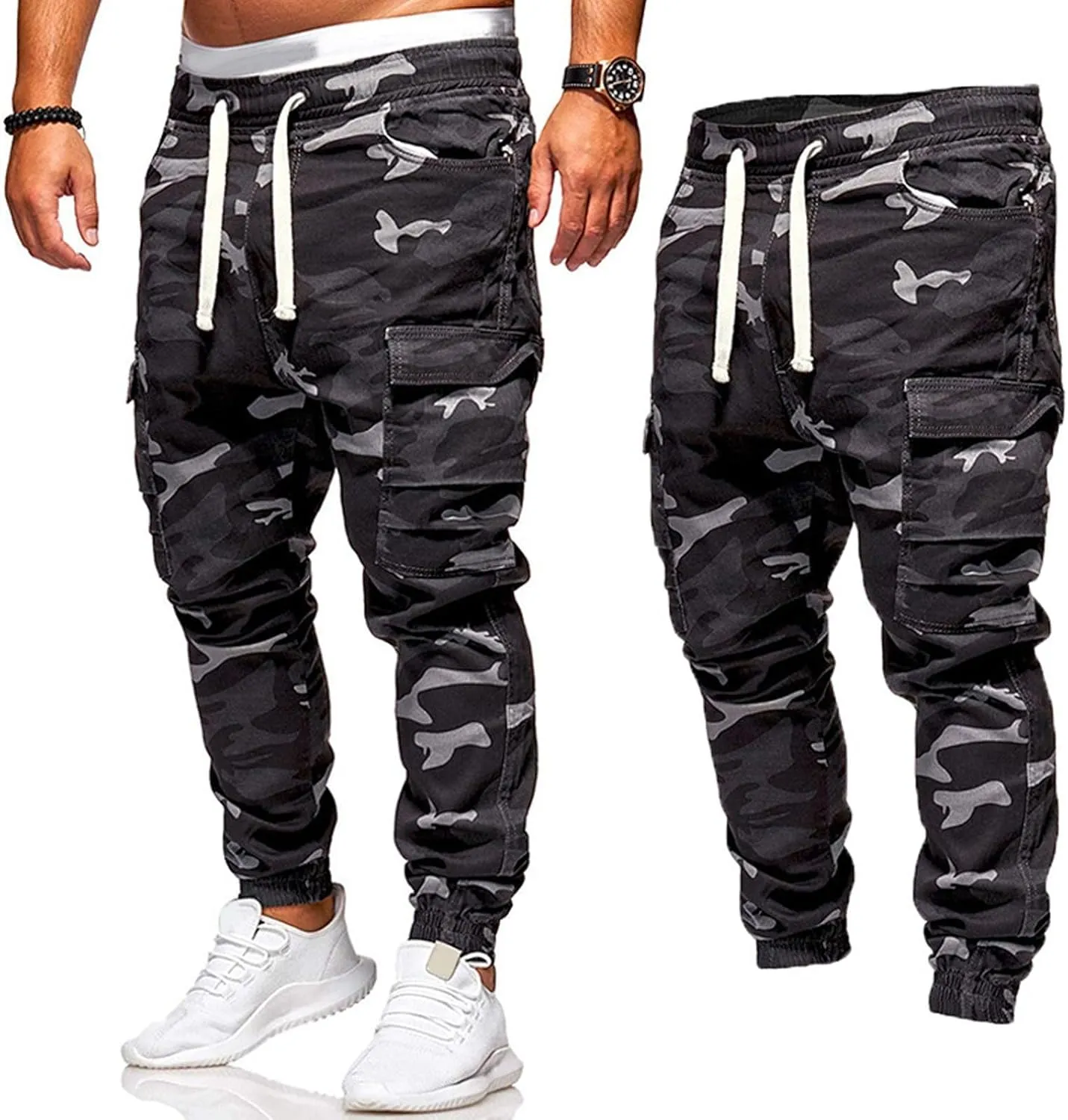 Mens Camo Sweatpants Closed Bottom Relaxed Fit Lightweight Joggers Elastic Waist Drawstring Cargo Pants with Pockets