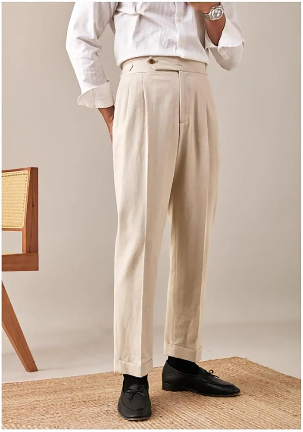 Men's Casual Linen Pants Slim Fit Summer Beach Dress Pants Lightweight Linen Trousers