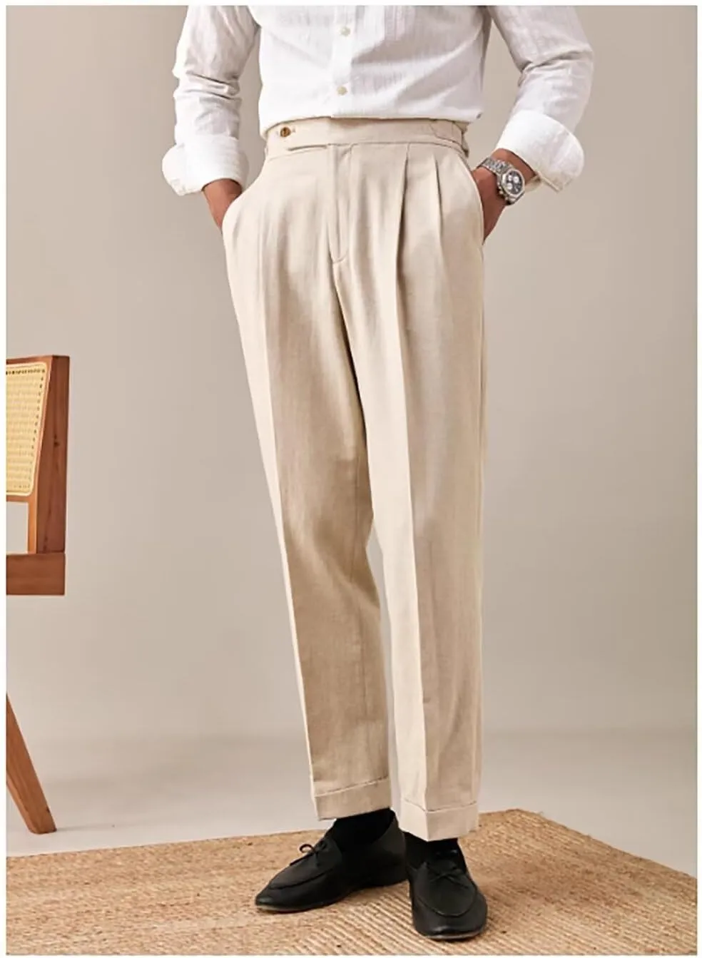 Men's Casual Linen Pants Slim Fit Summer Beach Dress Pants Lightweight Linen Trousers