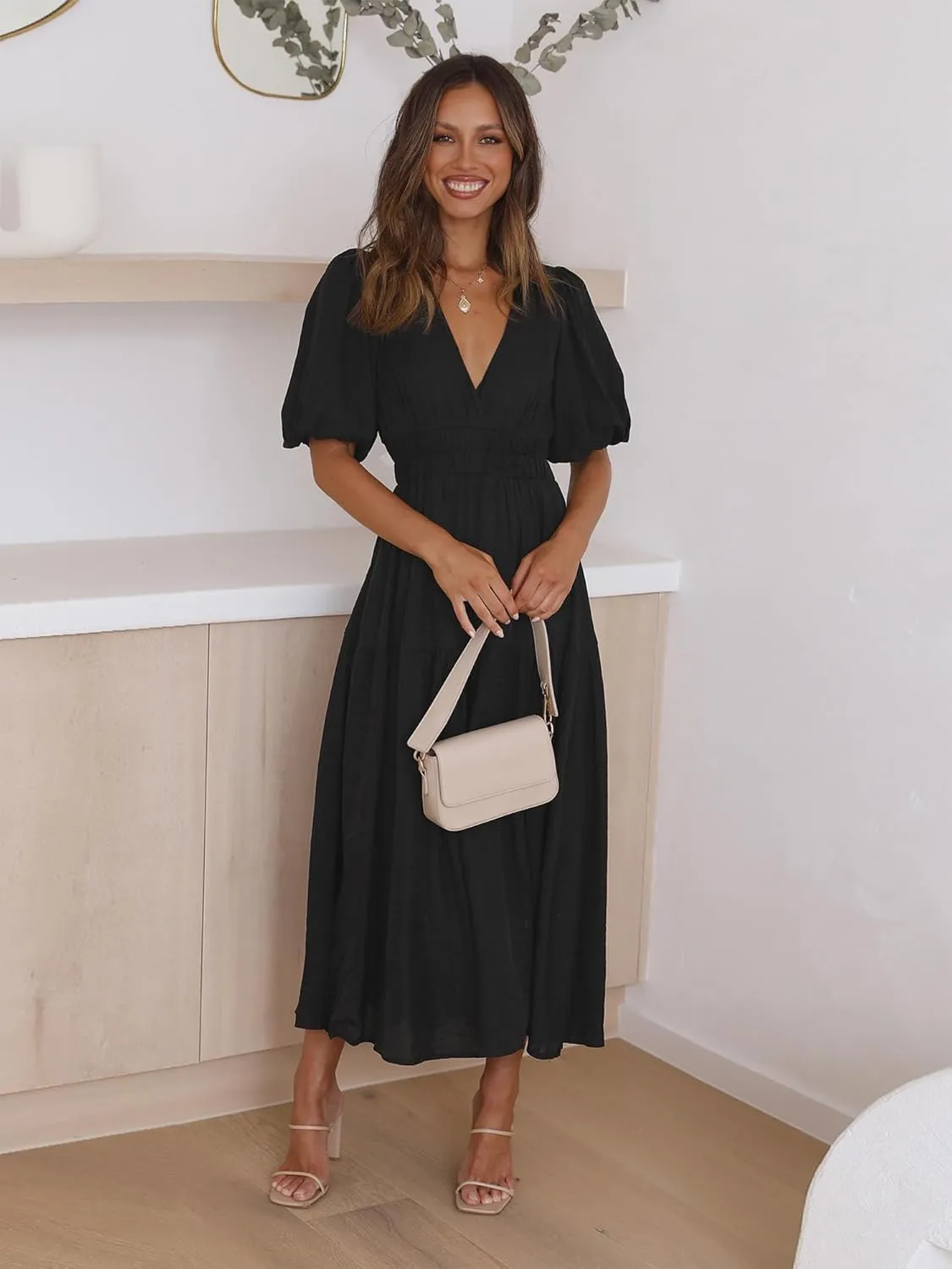 MessBebe Maxi Dress Puffy Sleeve V Neck High Waist A-Line Flowy Wrap Sun Wedding Guest Long Dresses for Women