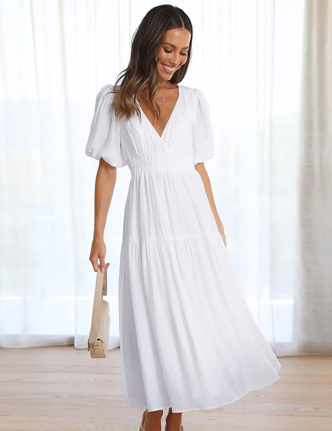 MessBebe Maxi Dress Puffy Sleeve V Neck High Waist A-Line Flowy Wrap Sun Wedding Guest Long Dresses for Women