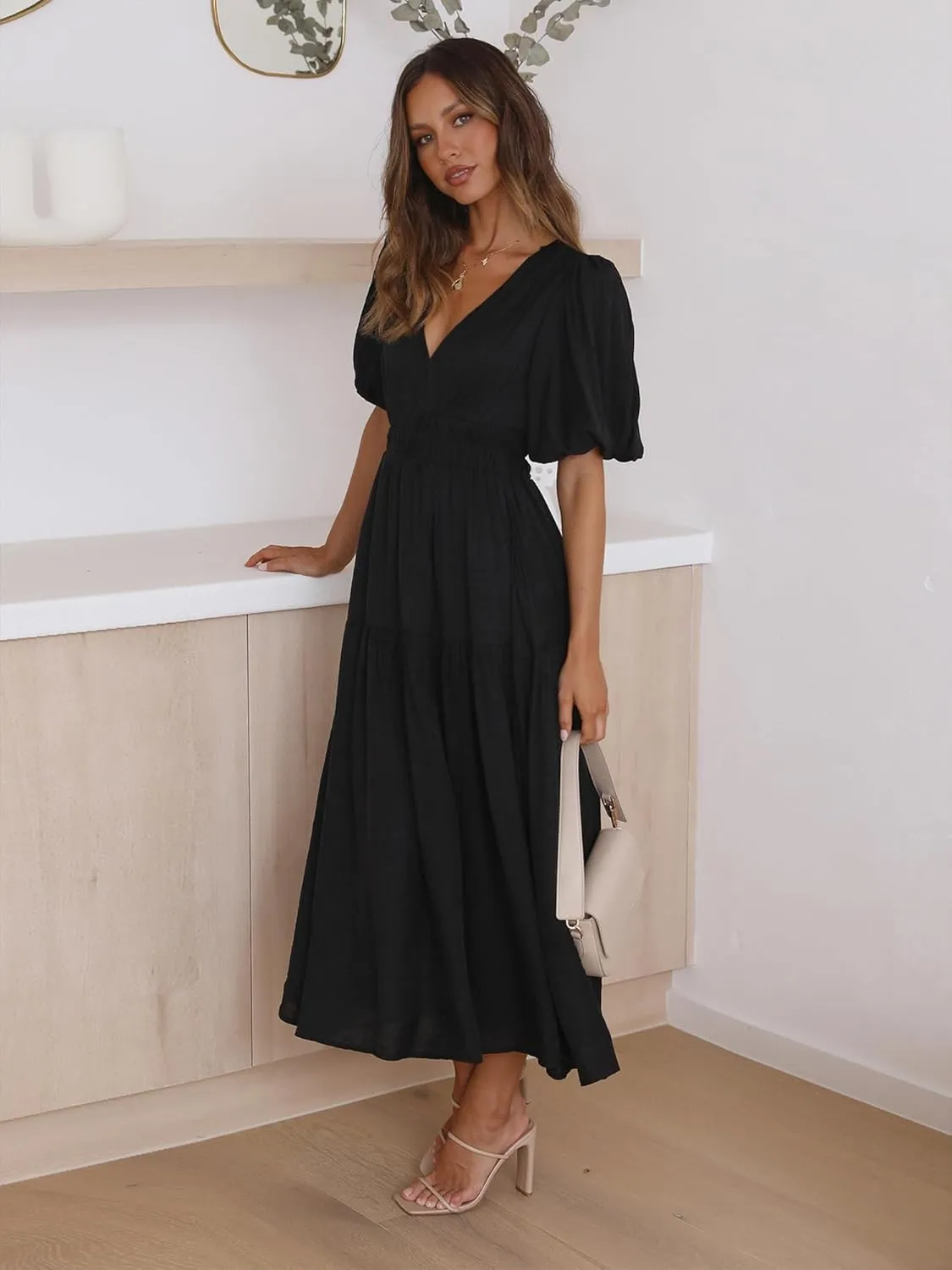 MessBebe Maxi Dress Puffy Sleeve V Neck High Waist A-Line Flowy Wrap Sun Wedding Guest Long Dresses for Women