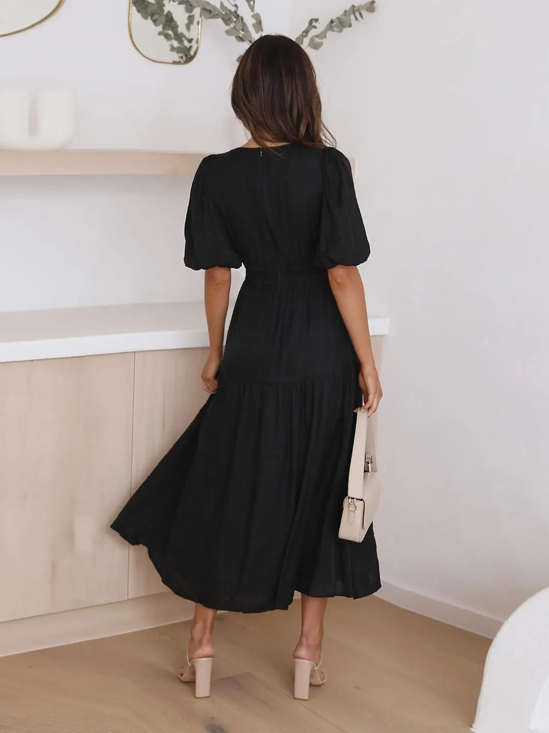 MessBebe Maxi Dress Puffy Sleeve V Neck High Waist A-Line Flowy Wrap Sun Wedding Guest Long Dresses for Women
