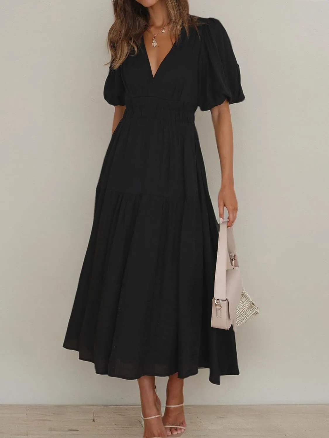 MessBebe Maxi Dress Puffy Sleeve V Neck High Waist A-Line Flowy Wrap Sun Wedding Guest Long Dresses for Women