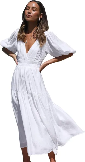 MessBebe Maxi Dress Puffy Sleeve V Neck High Waist A-Line Flowy Wrap Sun Wedding Guest Long Dresses for Women