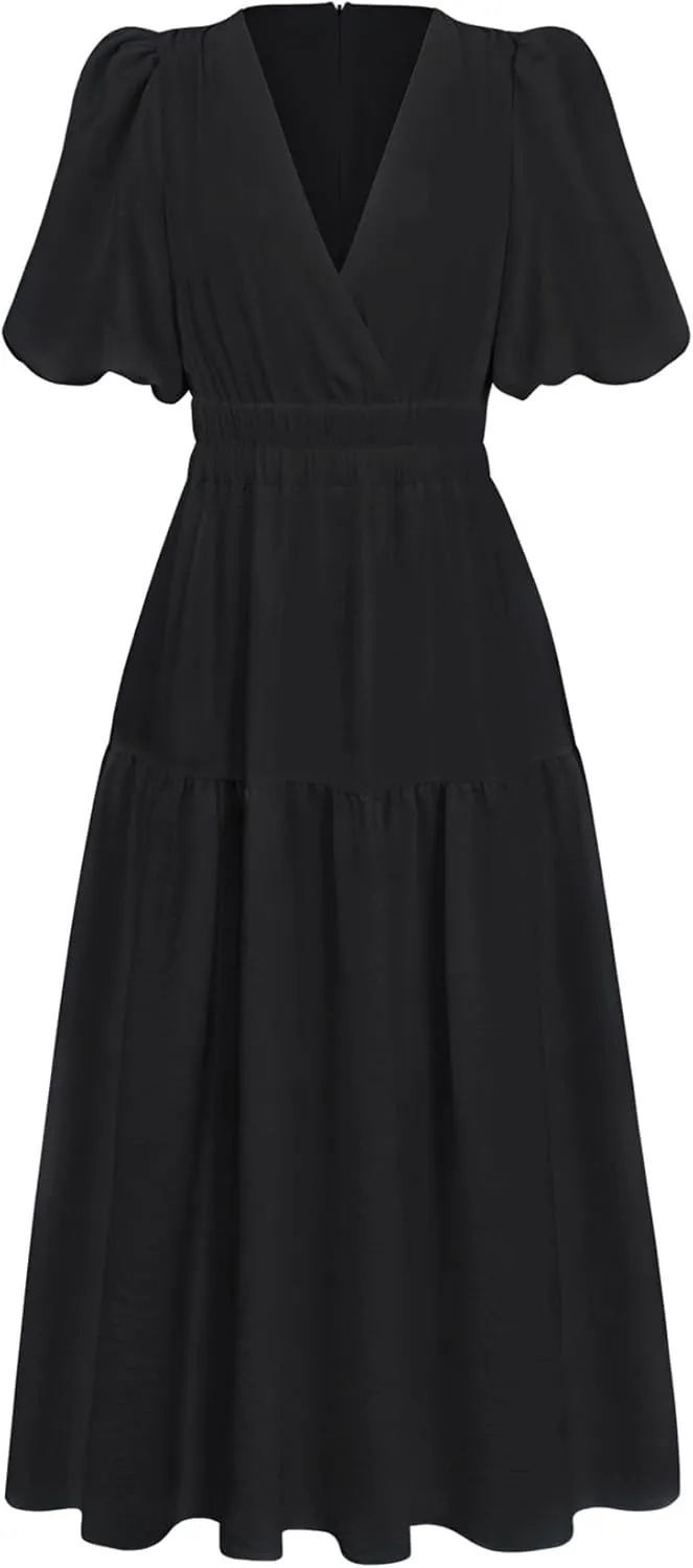 MessBebe Maxi Dress Puffy Sleeve V Neck High Waist A-Line Flowy Wrap Sun Wedding Guest Long Dresses for Women