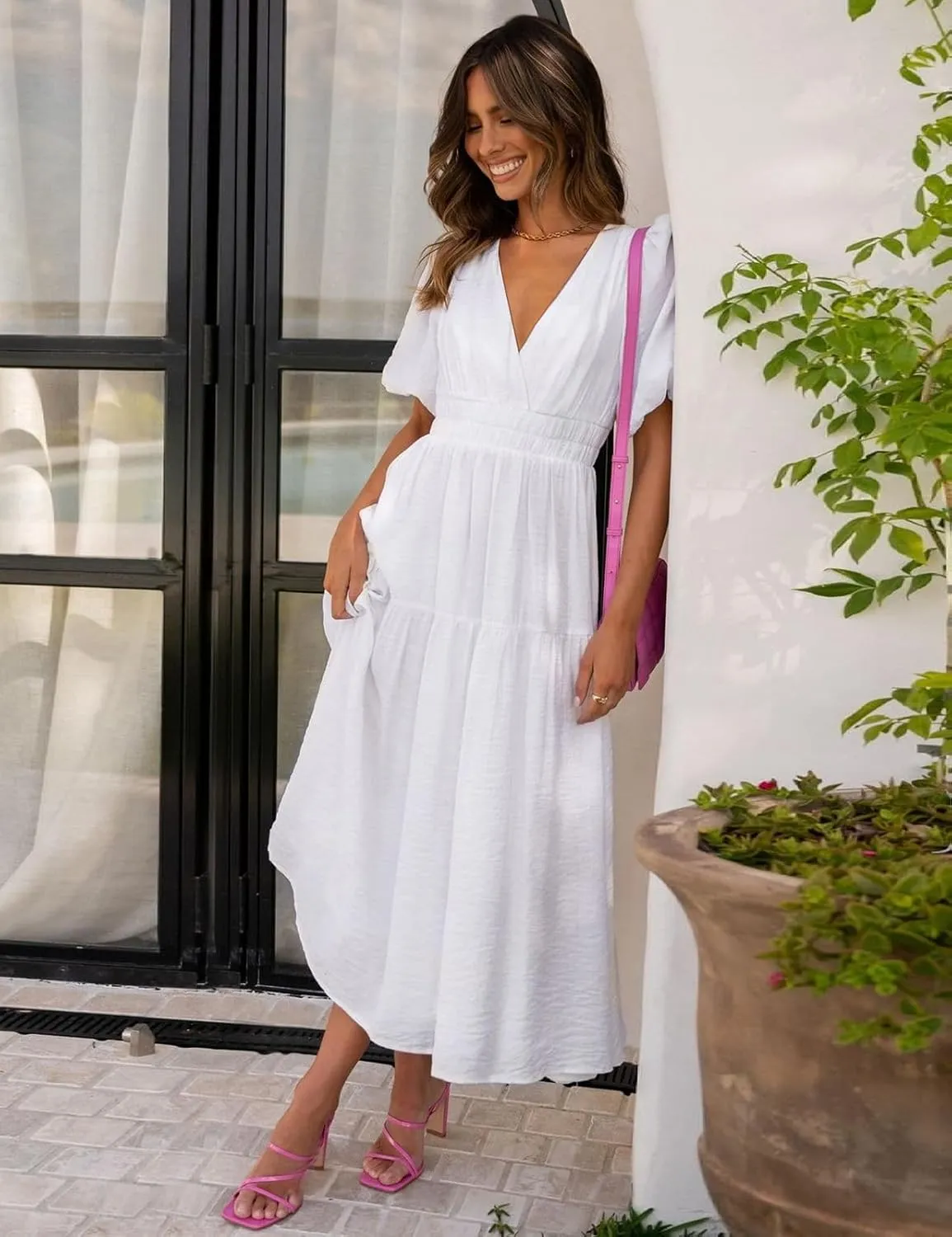 MessBebe Maxi Dress Puffy Sleeve V Neck High Waist A-Line Flowy Wrap Sun Wedding Guest Long Dresses for Women