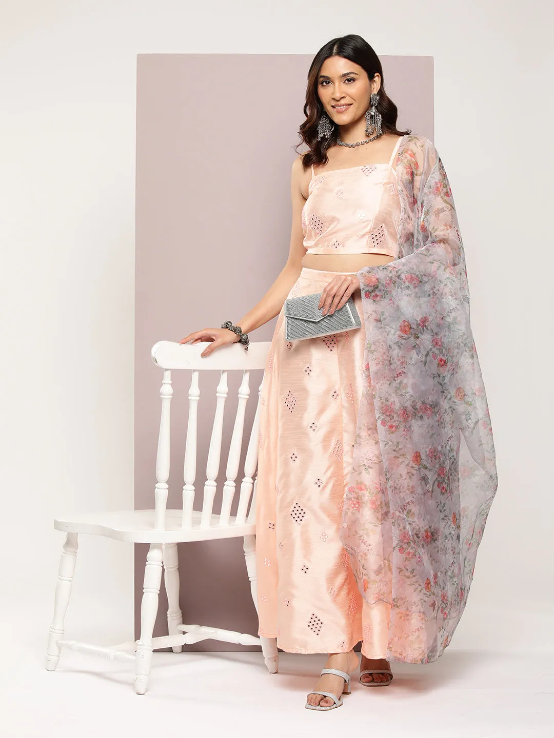 Mirror Work Lehenga Choli With Printed Organza Dupatta