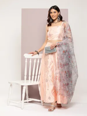 Mirror Work Lehenga Choli With Printed Organza Dupatta