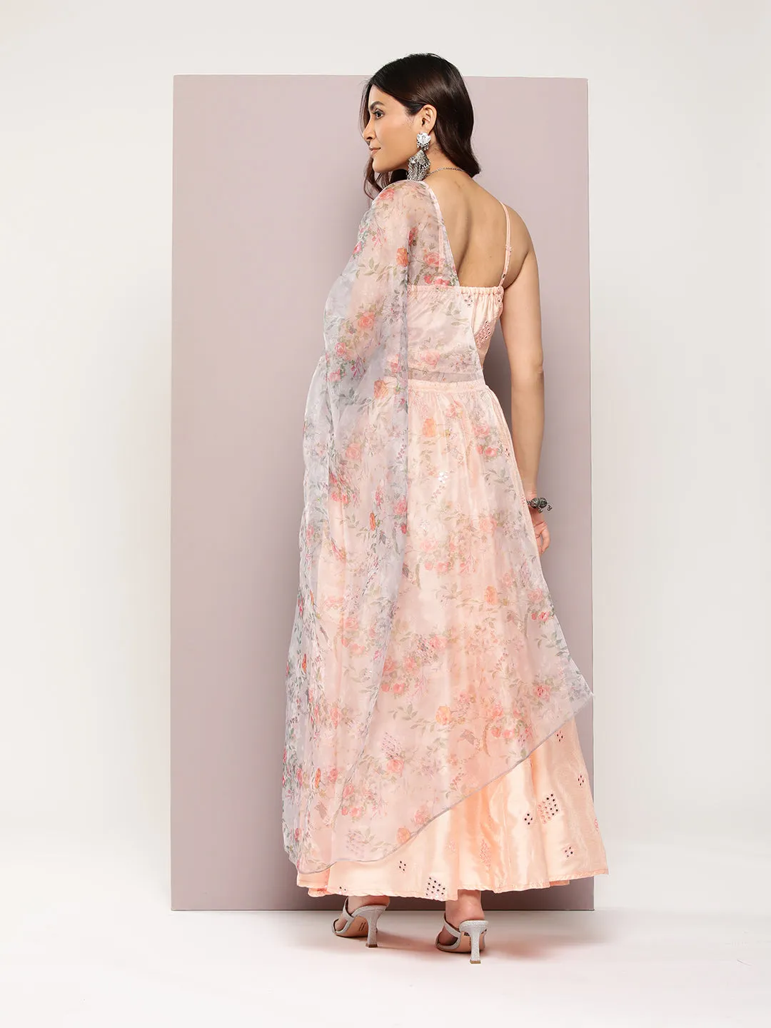 Mirror Work Lehenga Choli With Printed Organza Dupatta