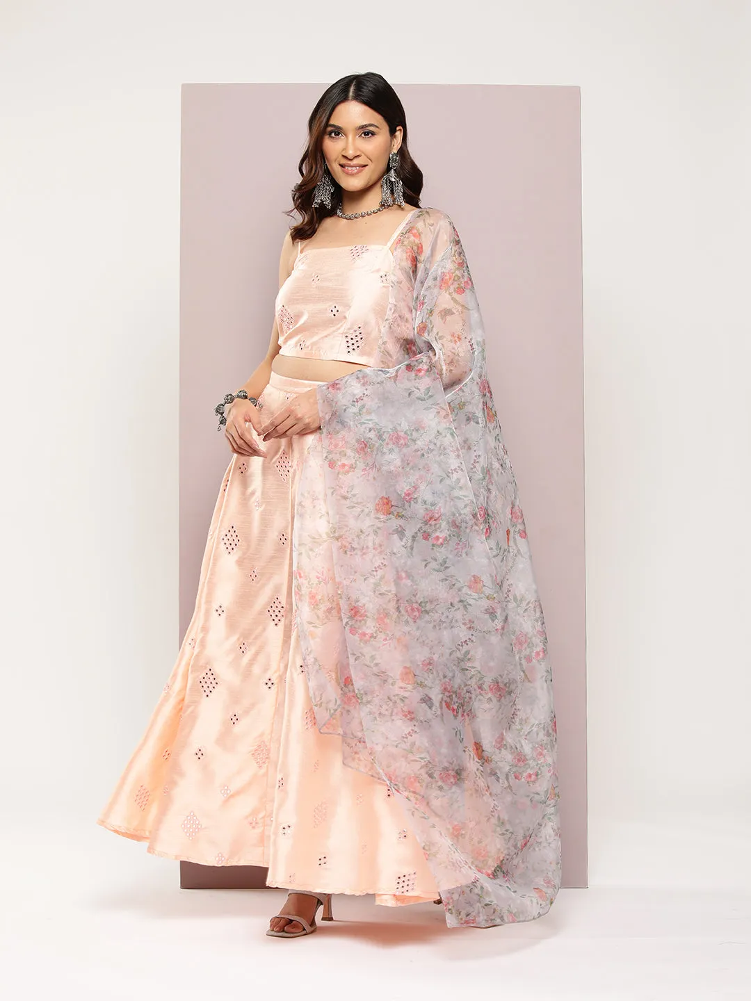 Mirror Work Lehenga Choli With Printed Organza Dupatta