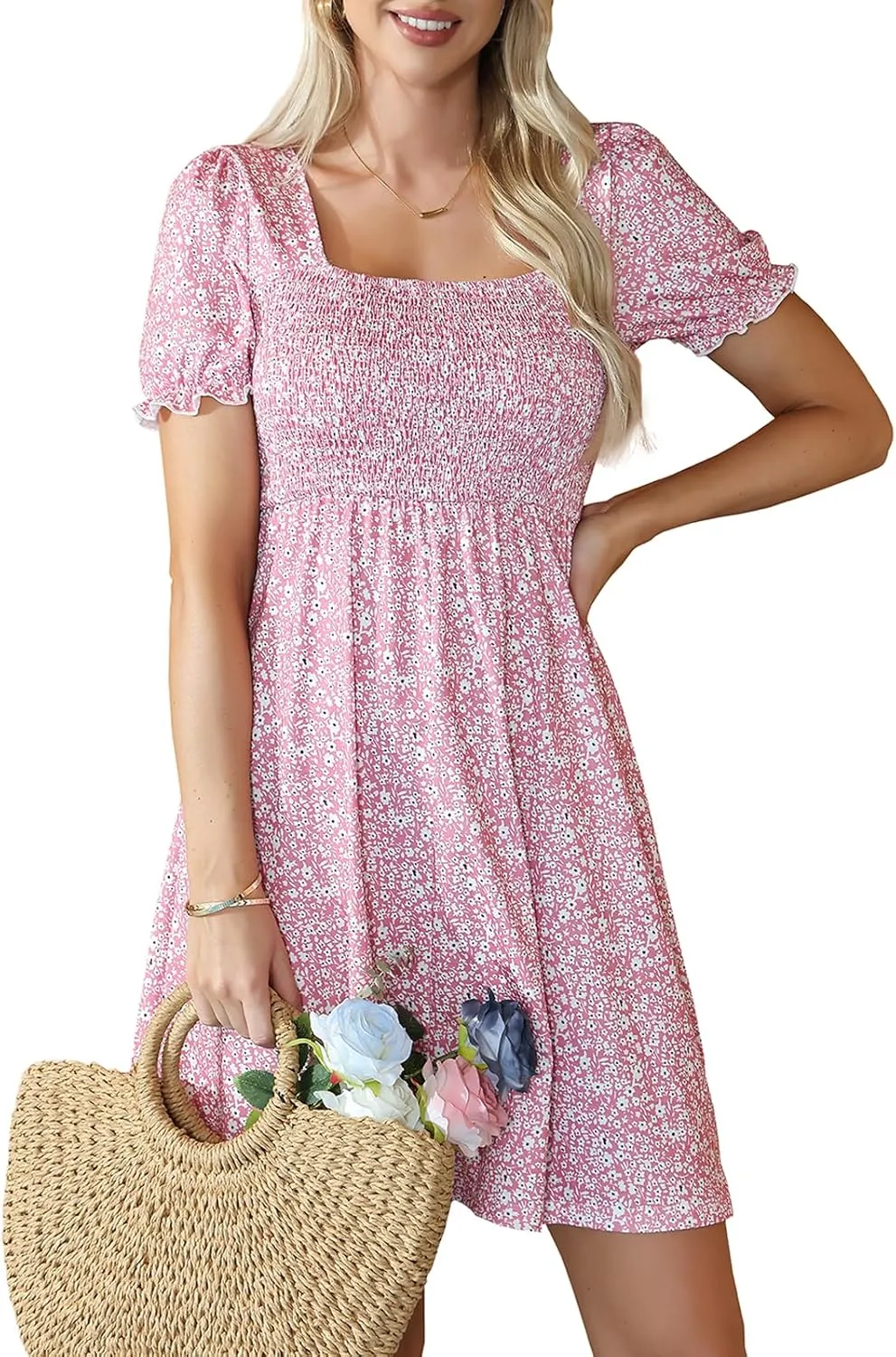 Naggoo Women's Summer Dresses Puff Short Sleeve Square Neck Casual Boho Floral Smocked A Line Flowy Beach Dresses