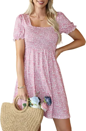 Naggoo Women's Summer Dresses Puff Short Sleeve Square Neck Casual Boho Floral Smocked A Line Flowy Beach Dresses