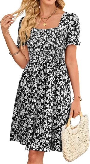 Naggoo Women's Summer Dresses Puff Short Sleeve Square Neck Casual Boho Floral Smocked A Line Flowy Beach Dresses