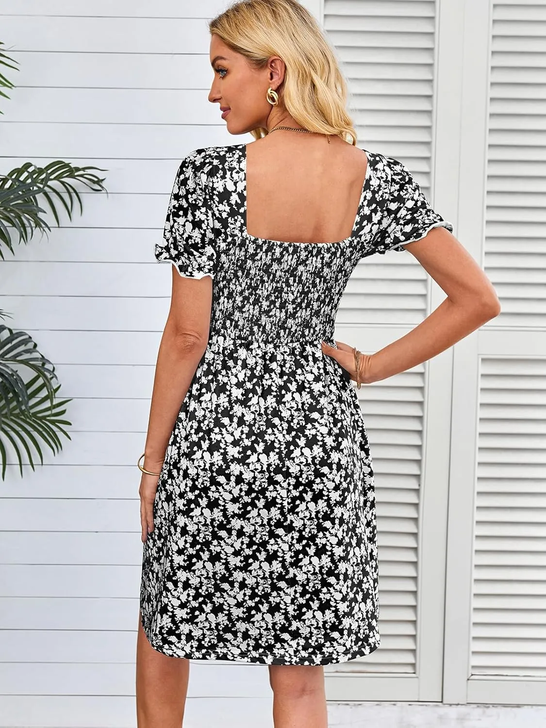 Naggoo Women's Summer Dresses Puff Short Sleeve Square Neck Casual Boho Floral Smocked A Line Flowy Beach Dresses