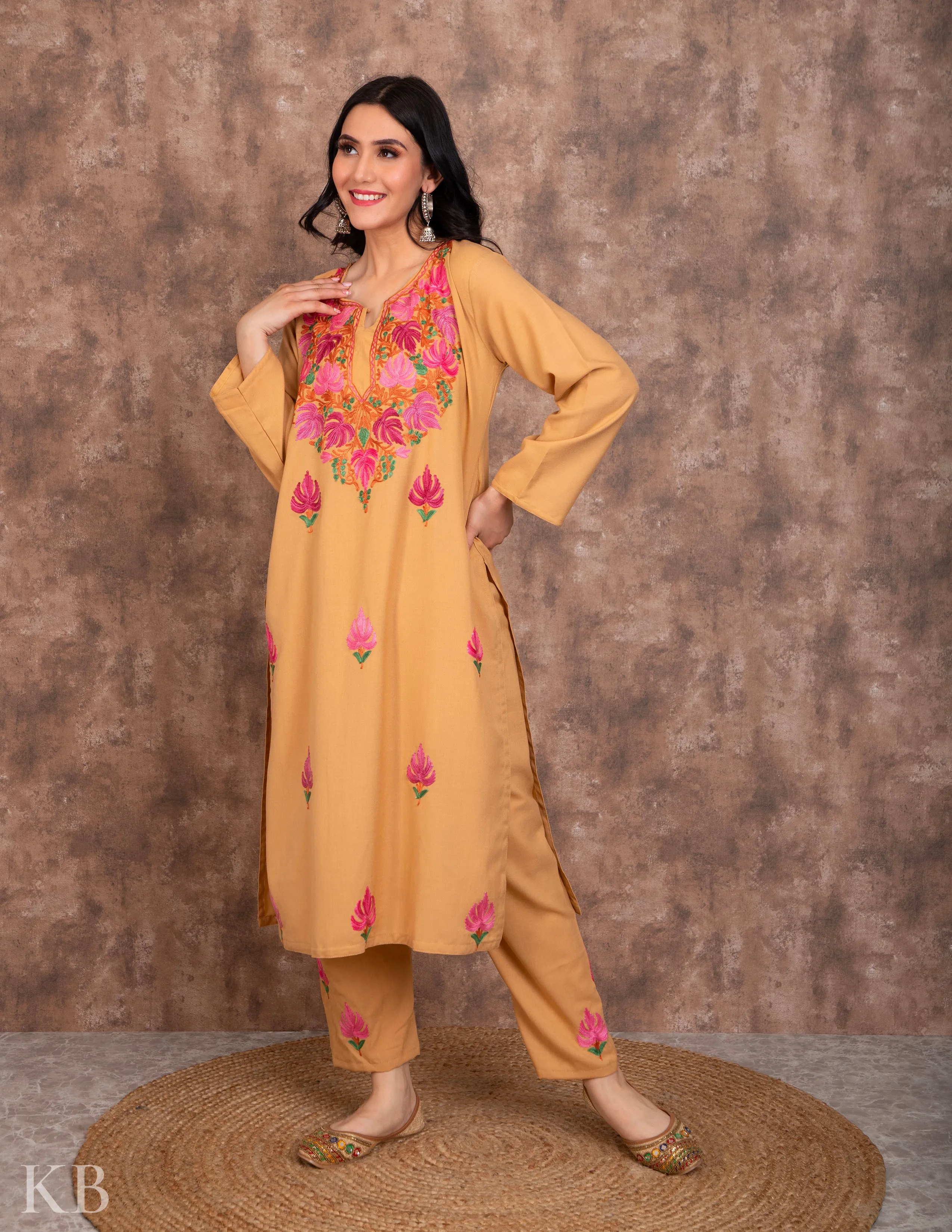 Neck Embroidered Fawn Summer Suit