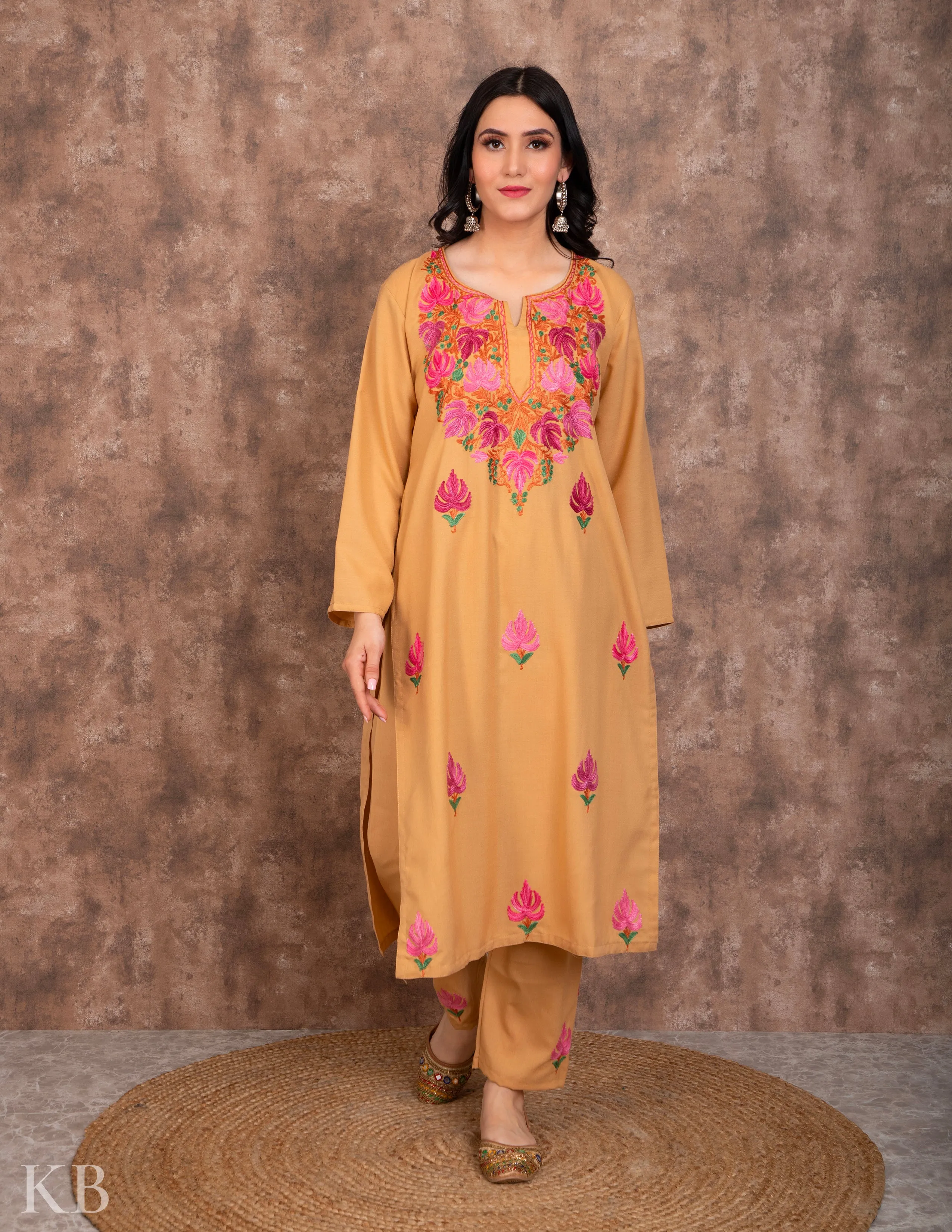Neck Embroidered Fawn Summer Suit